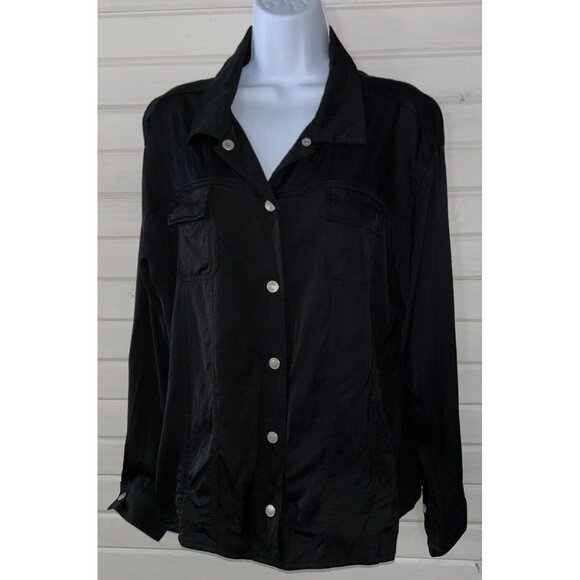 VTG Chicos Design Sz 3 (XL) Shiny Black Snap Front Shirt Jacket Stretch EUC - Picture 1 of 9